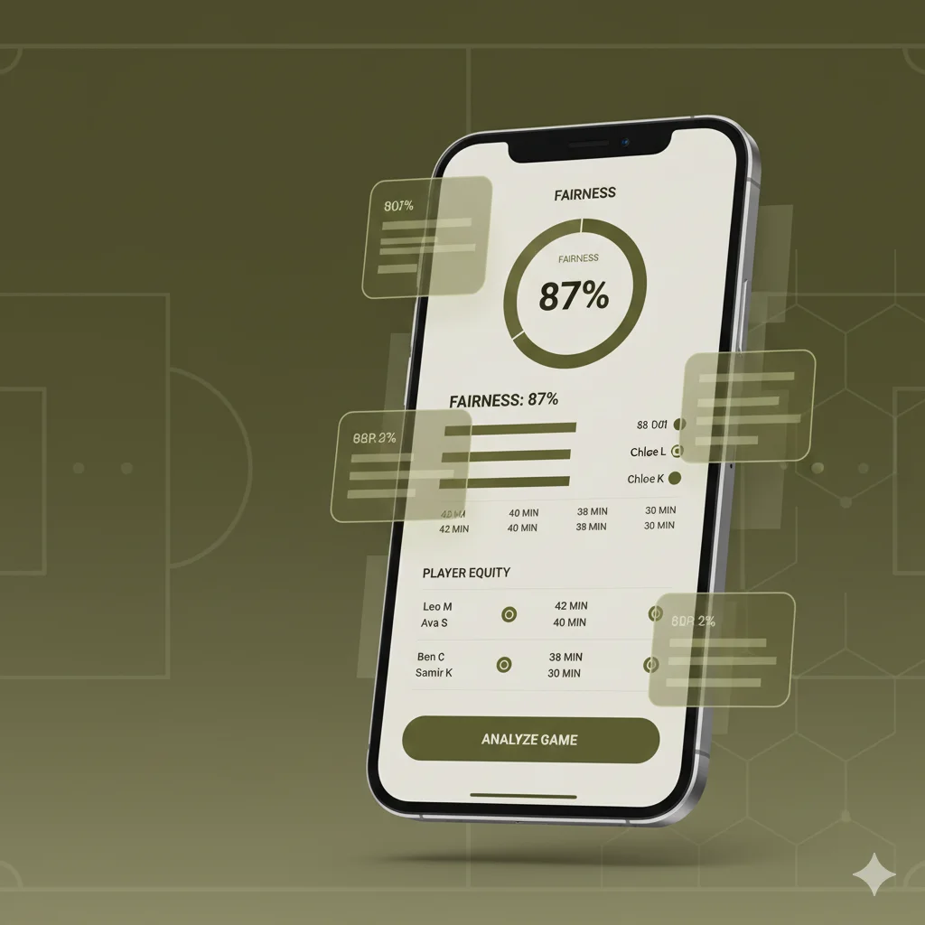 Smartphone mockup showing Equal Time Tracker screen with fairness scores and player minutes