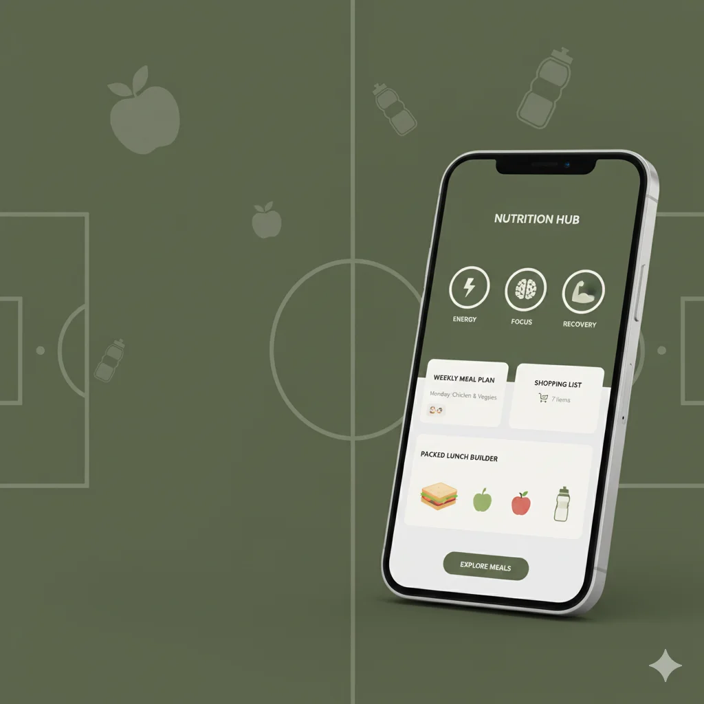 Smartphone mockup showing Nutrition Hub screen with weekly meal plans, shopping list, and packed lunch builder